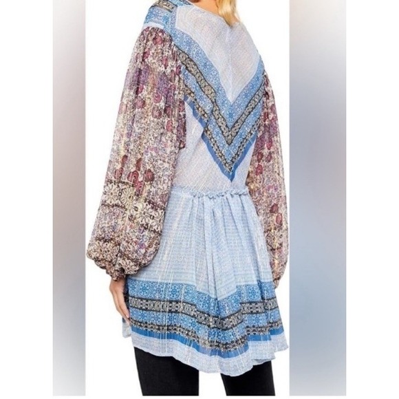 Free People Medium Top Flowy Aliya Long Slv Print Blue Metallic Gold Boho Hippie - Picture 6 of 16